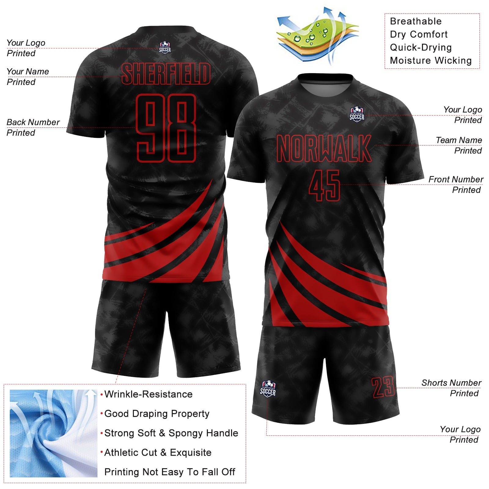 Custom Black Red Wind Shapes Sublimation Soccer Uniform Jersey view 4