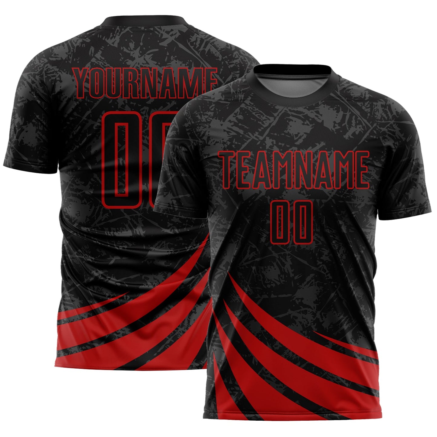 Custom Black Red Wind Shapes Sublimation Soccer Uniform Jersey - Main View
