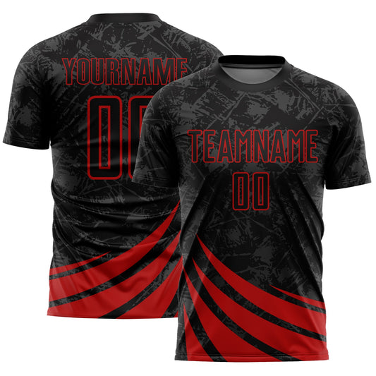 Custom Black Red Wind Shapes Sublimation Soccer Uniform Jersey - Main View