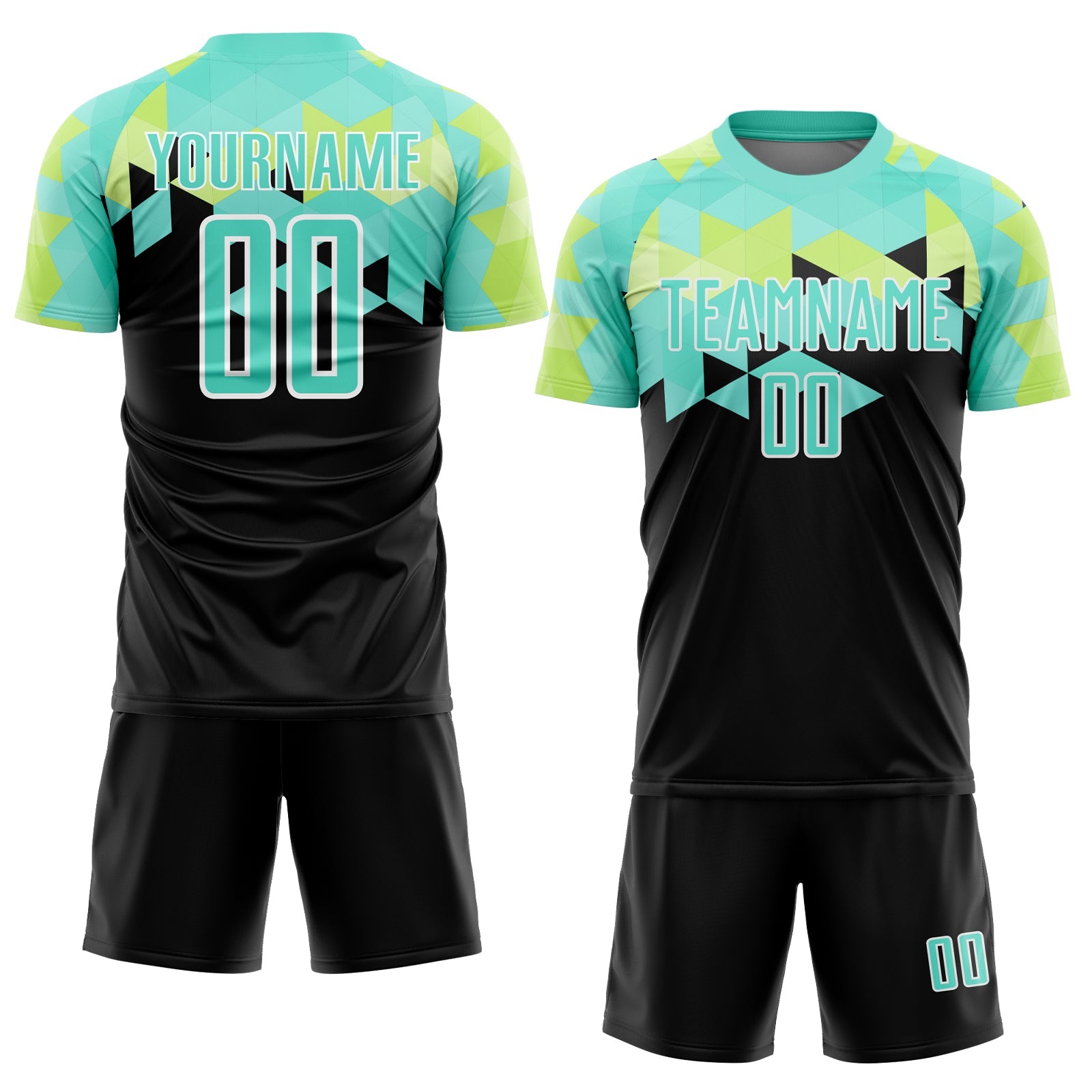 Custom Black Pea Green-White Geometric Shapes Sublimation Soccer Uniform Jersey view 2