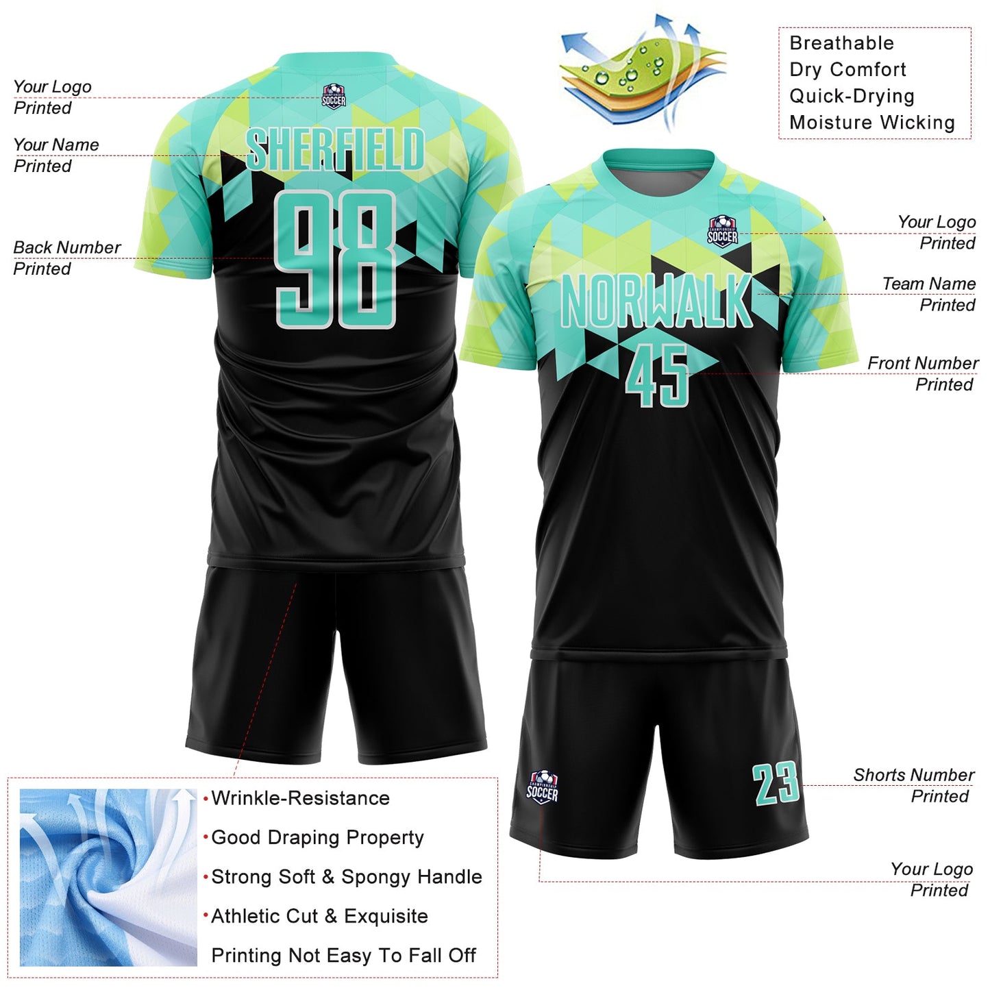 Custom Black Pea Green-White Geometric Shapes Sublimation Soccer Uniform Jersey view 4