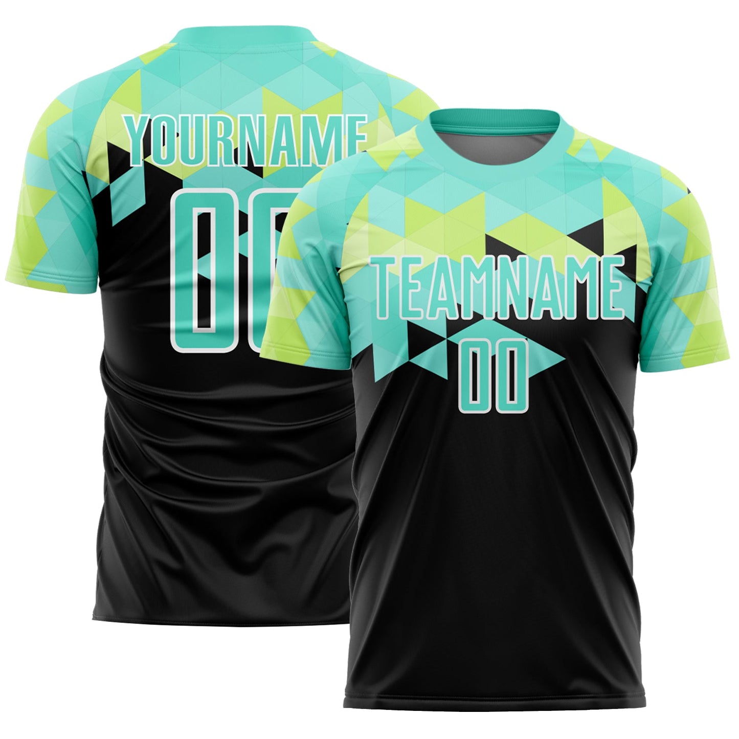 Custom Black Pea Green-White Geometric Shapes Sublimation Soccer Uniform Jersey - Main View