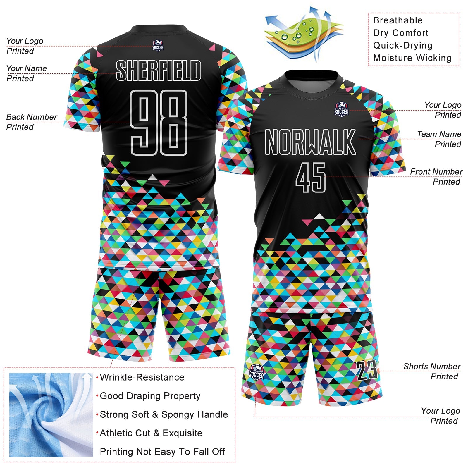 Custom Black White Colorful Geometric Triangle Sublimation Soccer Uniform Jersey view 4