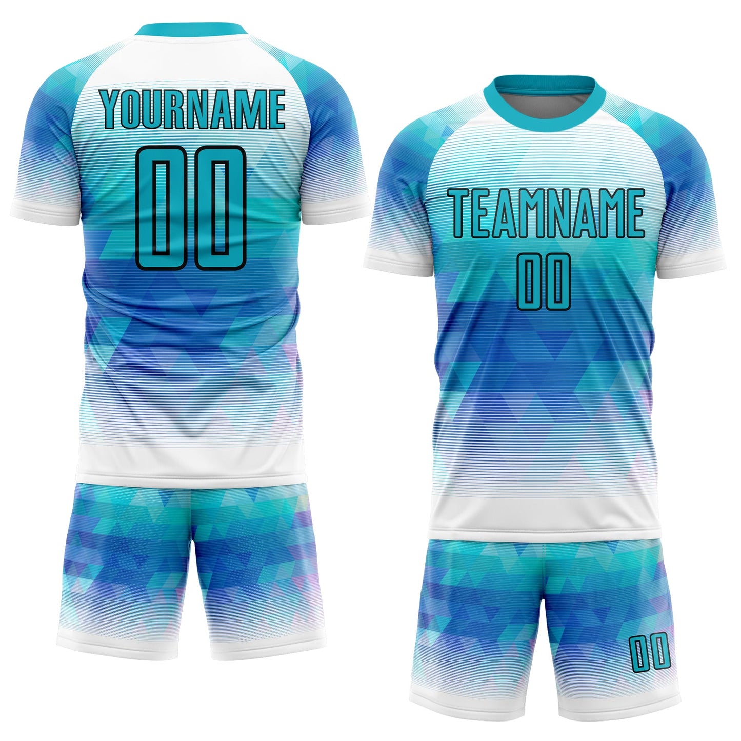 Custom Teal White Geometric Triangle Sublimation Soccer Uniform Jersey view 2