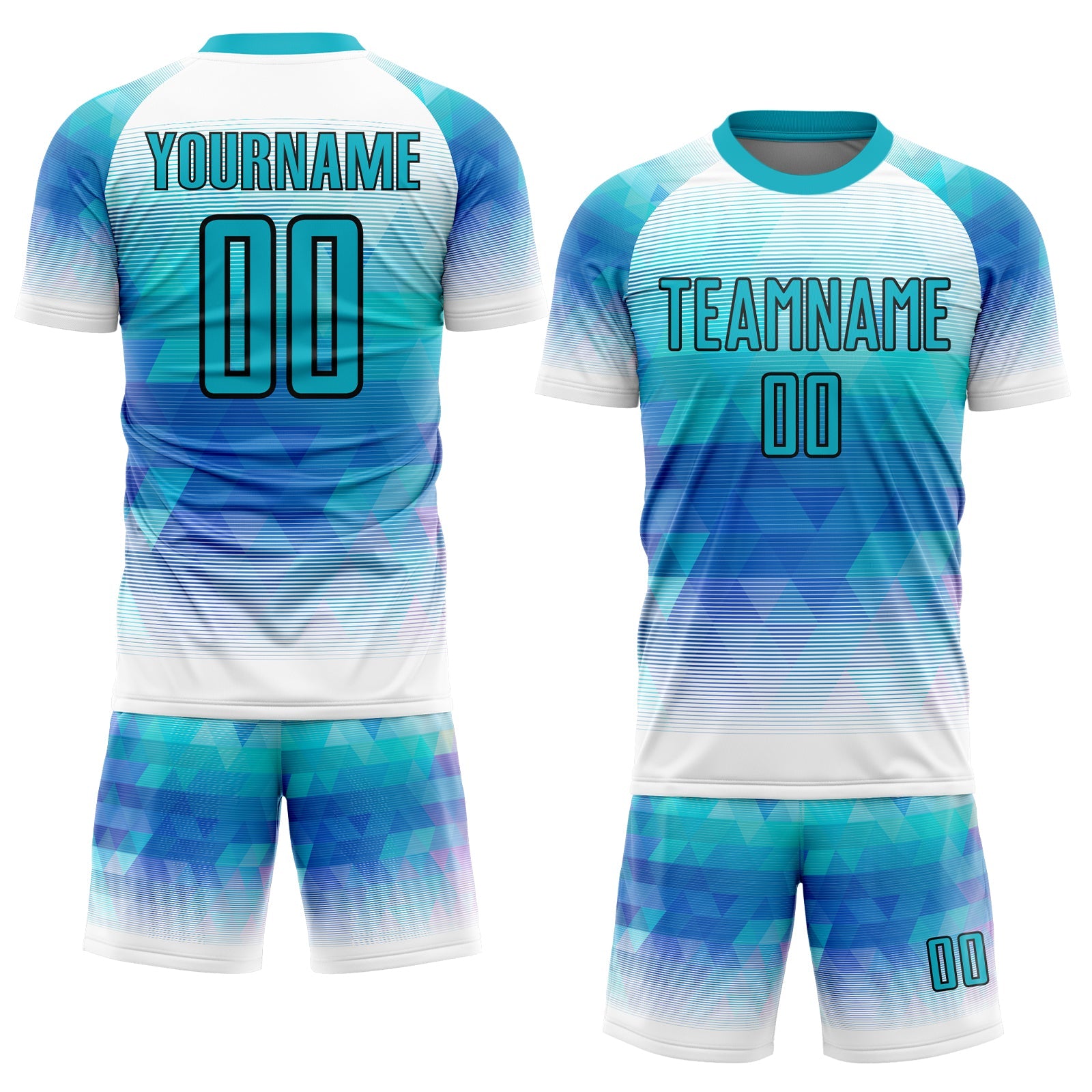 Custom Teal White Geometric Triangle Sublimation Soccer Uniform Jersey view 2