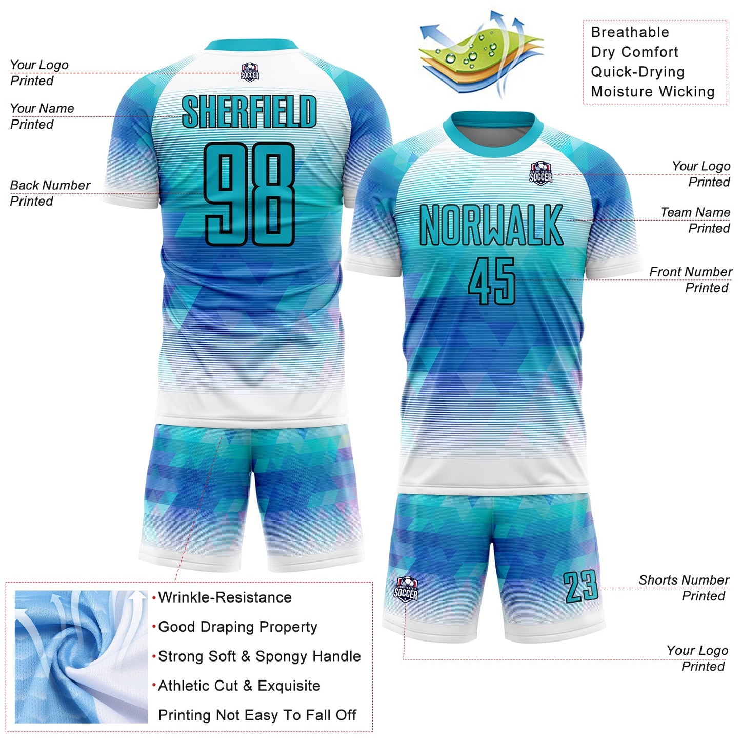 Custom Teal White Geometric Triangle Sublimation Soccer Uniform Jersey view 4