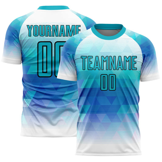 Custom Teal White Geometric Triangle Sublimation Soccer Uniform Jersey - Main View