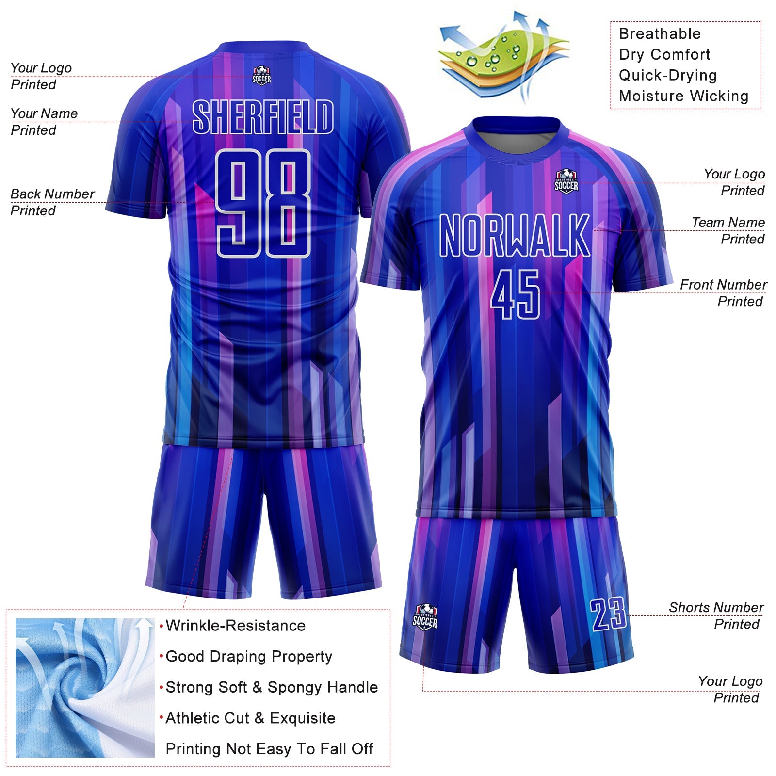 Custom Royal Pink-White Abstract Lines Sublimation Soccer Uniform Jersey view 4