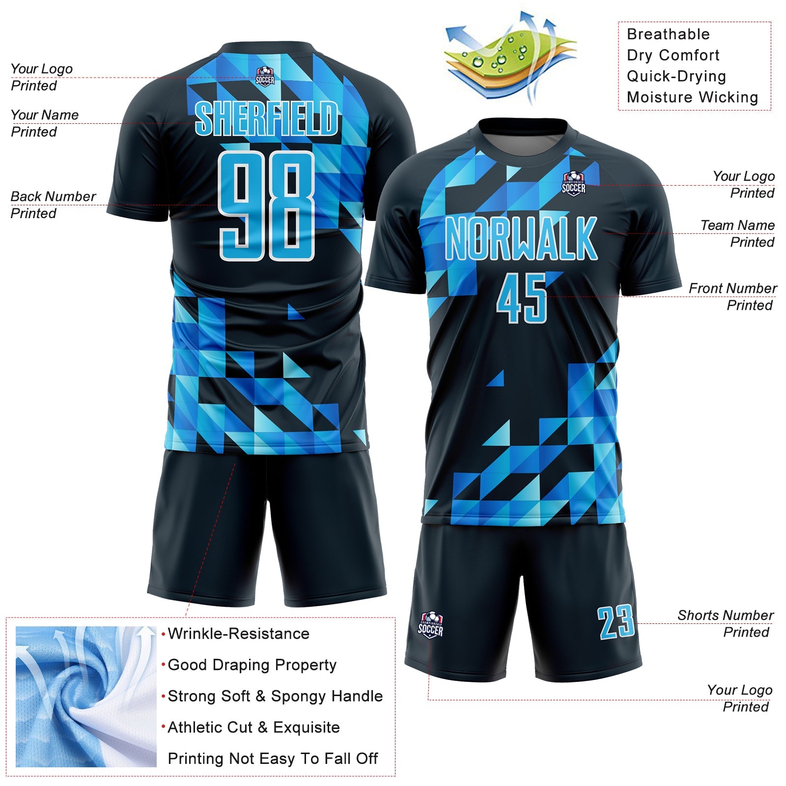 Custom Navy Sky Blue-White Geometric Shapes Sublimation Soccer Uniform Jersey view 4