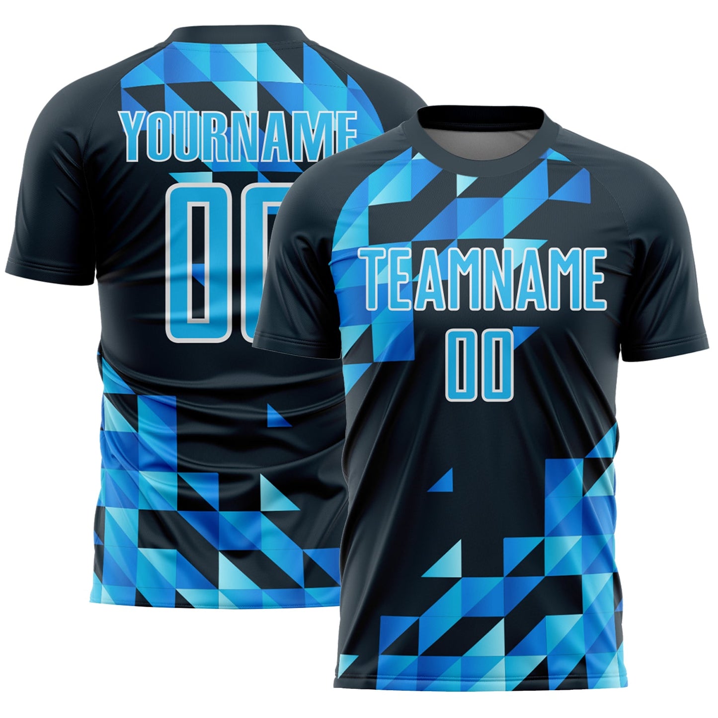 Custom Navy Sky Blue-White Geometric Shapes Sublimation Soccer Uniform Jersey - Main View