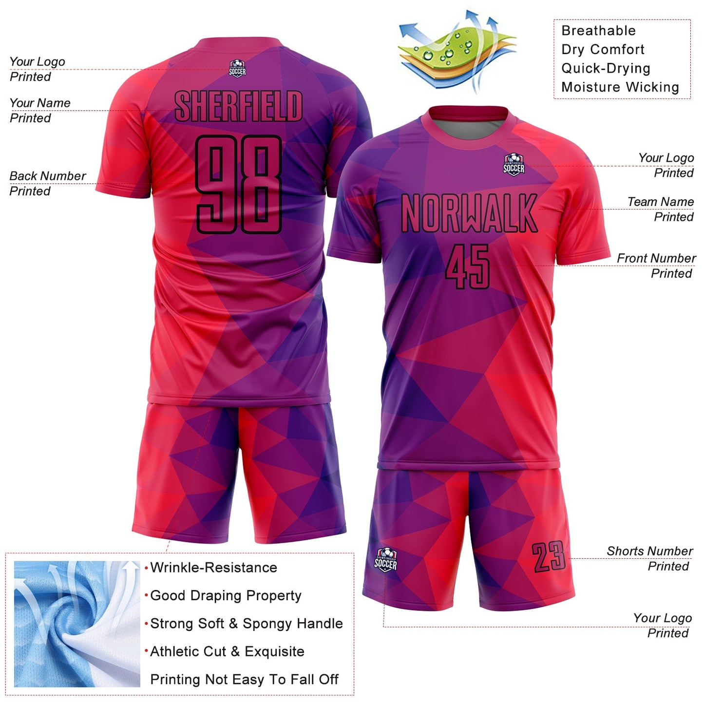 Custom Purple Red-Black Geometric Shapes Sublimation Soccer Uniform Jersey view 4