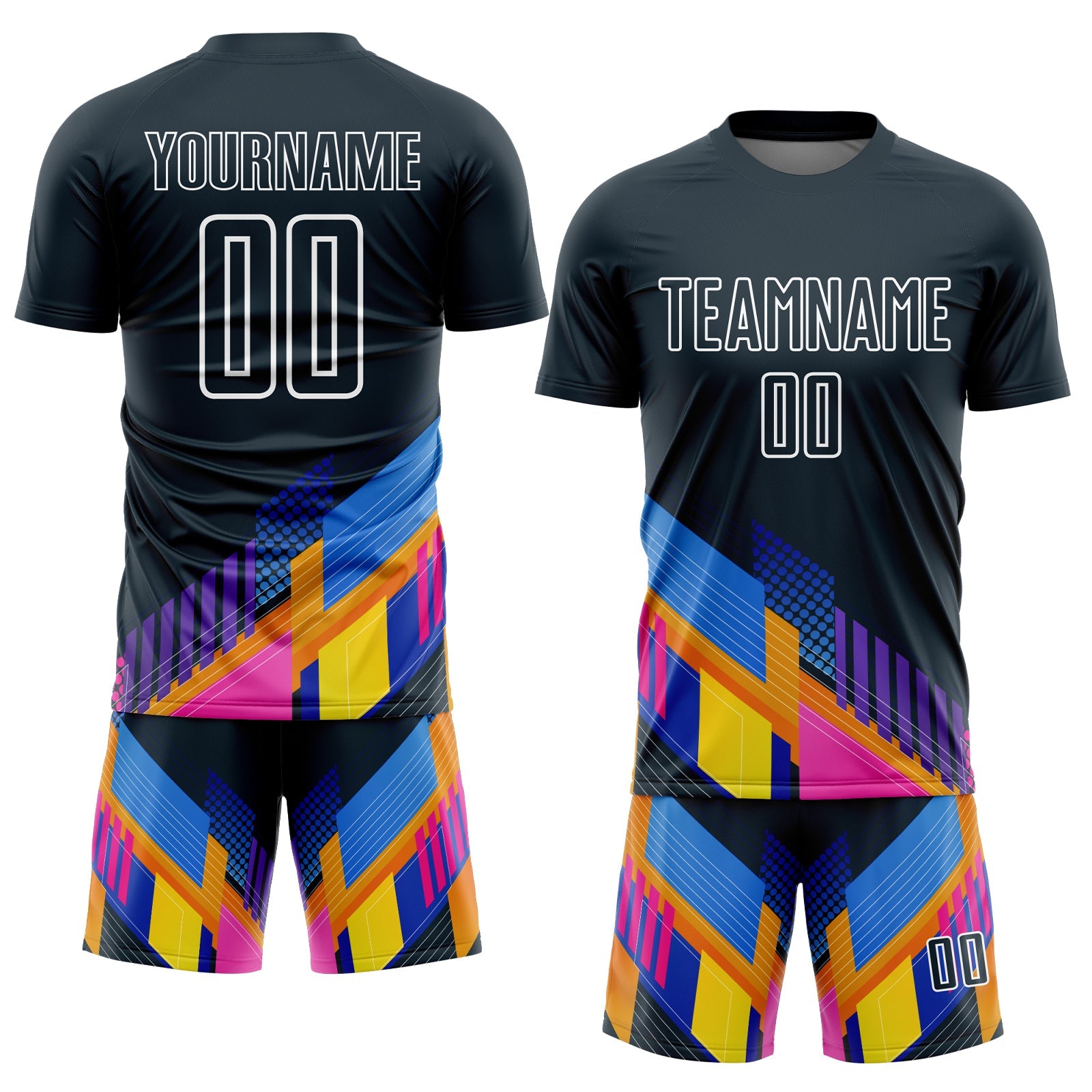 Custom Navy White Geometric Shapes Sublimation Soccer Uniform Jersey view 2
