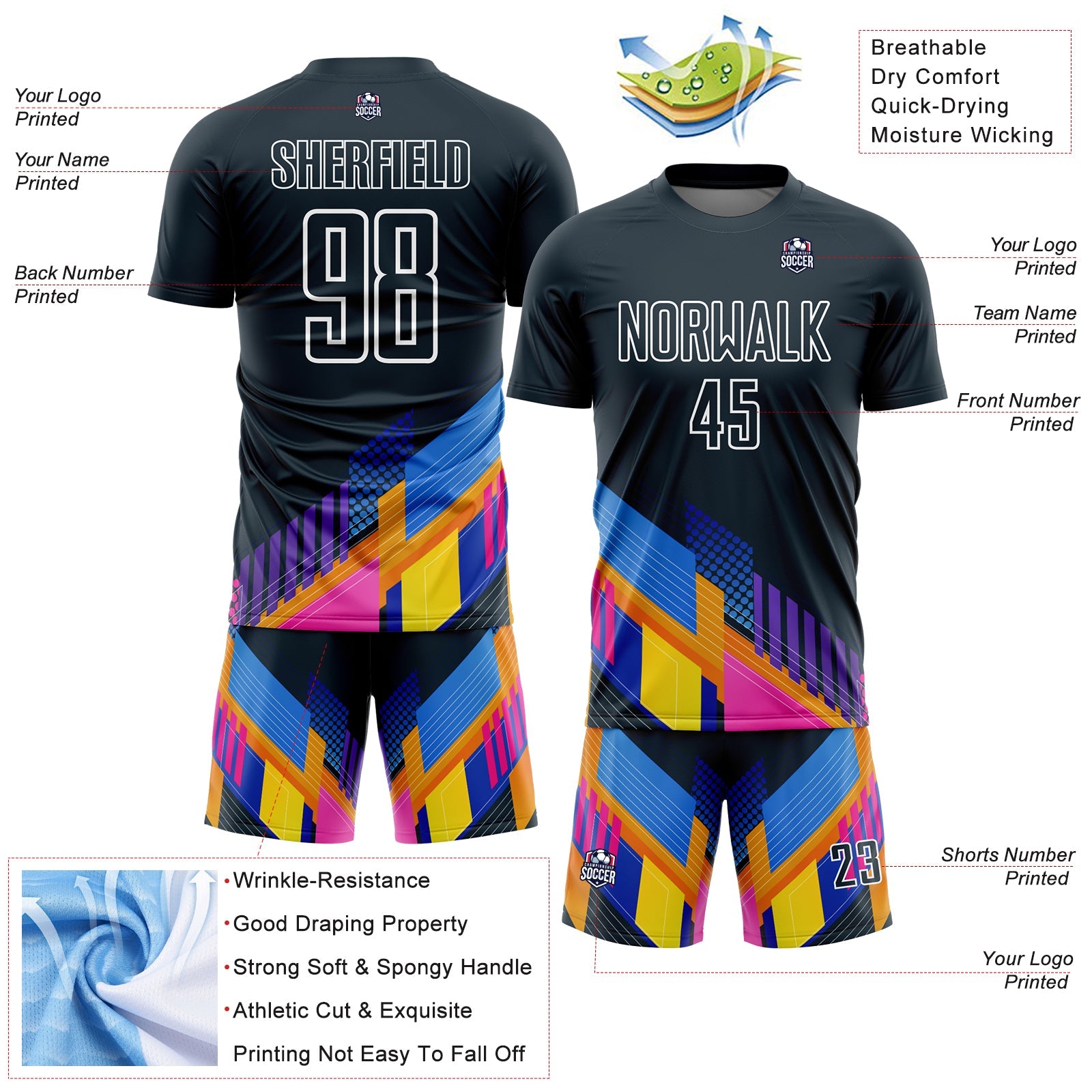 Custom Navy White Geometric Shapes Sublimation Soccer Uniform Jersey view 4