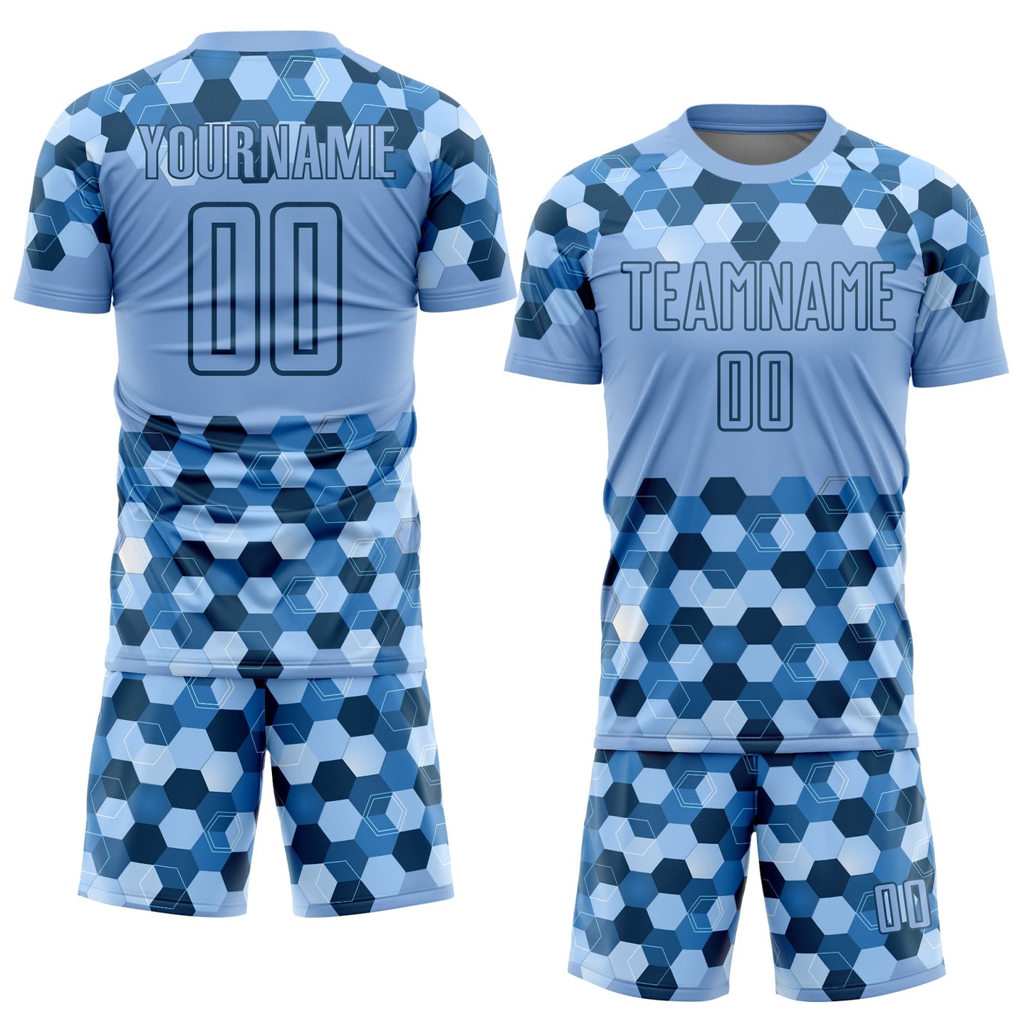 Custom Light Blue Black Geometric Shapes Sublimation Soccer Uniform Jersey view 2