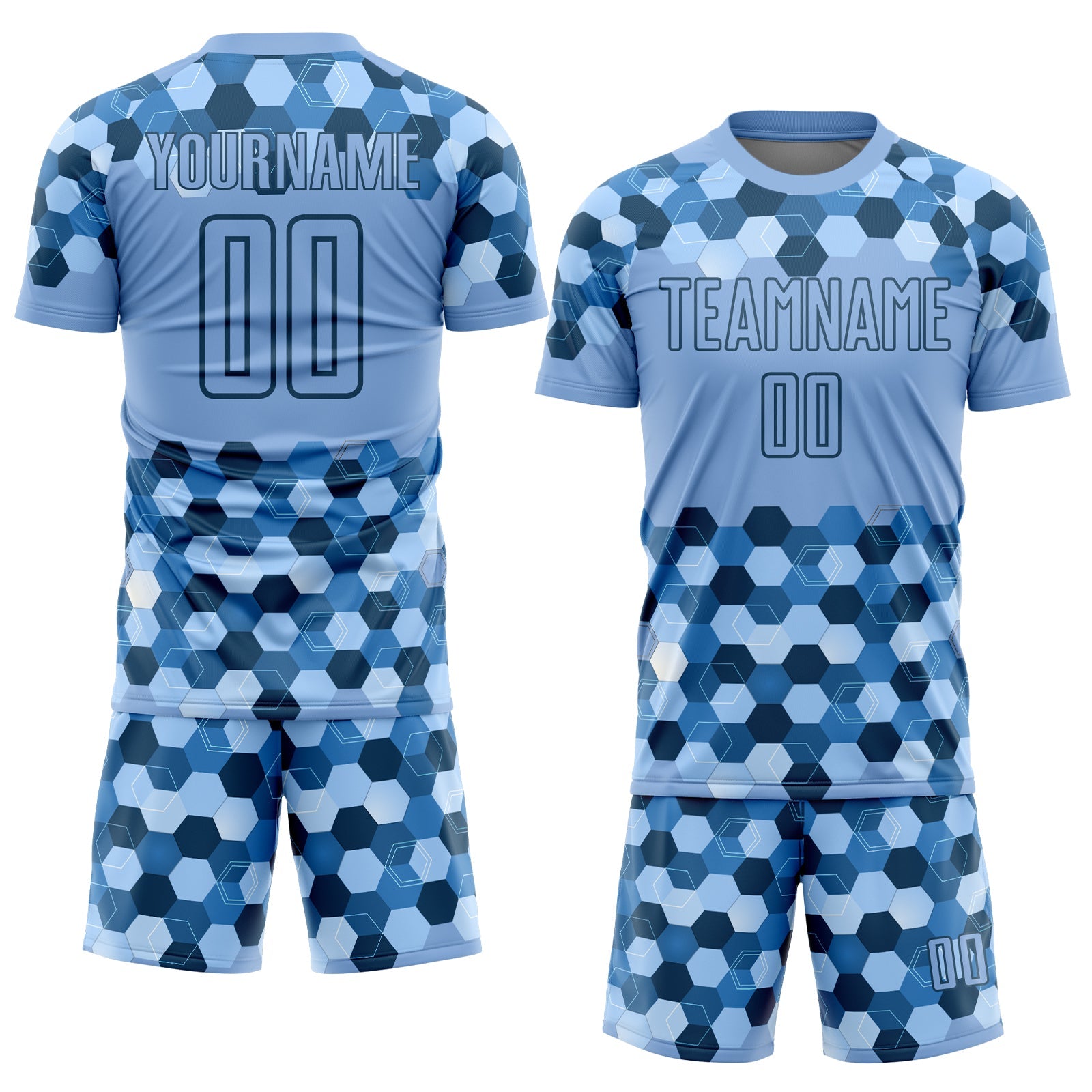 Custom Light Blue Black Geometric Shapes Sublimation Soccer Uniform Jersey view 2