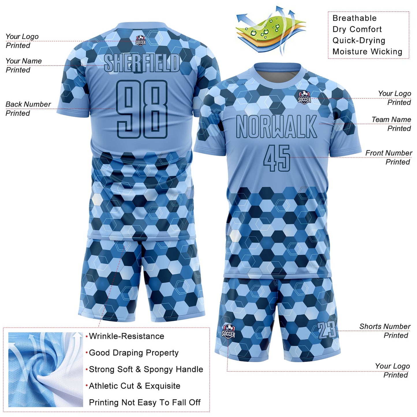 Custom Light Blue Black Geometric Shapes Sublimation Soccer Uniform Jersey view 4