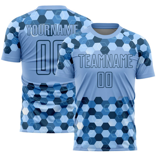 Custom Light Blue Black Geometric Shapes Sublimation Soccer Uniform Jersey - Main View