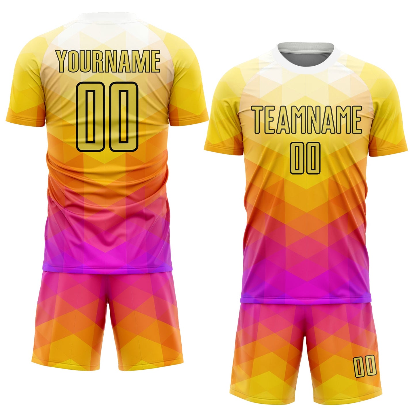 Custom Yellow Hot Pink-Black Geometric Shapes Sublimation Soccer Uniform Jersey view 2