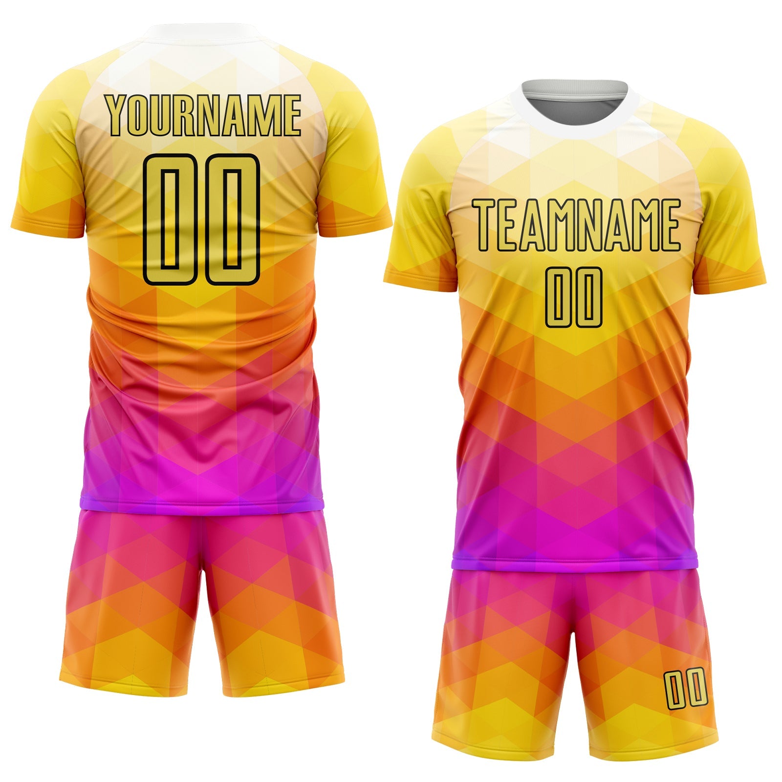 Custom Yellow Hot Pink-Black Geometric Shapes Sublimation Soccer Uniform Jersey view 2