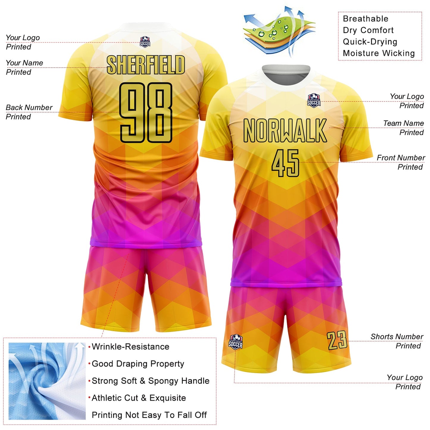 Custom Yellow Hot Pink-Black Geometric Shapes Sublimation Soccer Uniform Jersey view 4