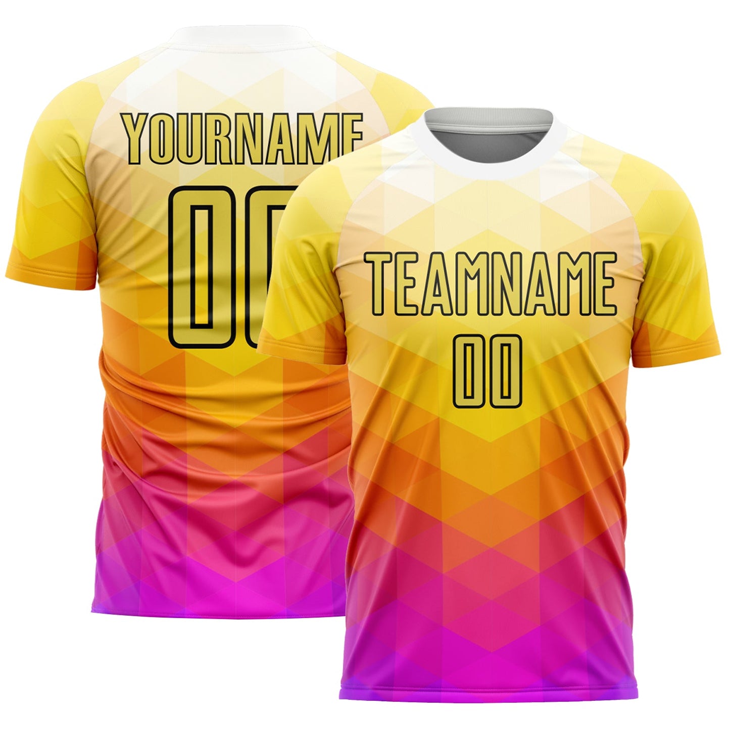 Custom Yellow Hot Pink-Black Geometric Shapes Sublimation Soccer Uniform Jersey - Main View