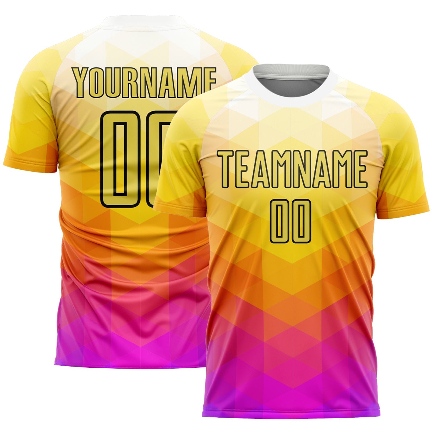 Custom Yellow Hot Pink-Black Geometric Shapes Sublimation Soccer Uniform Jersey - Main View