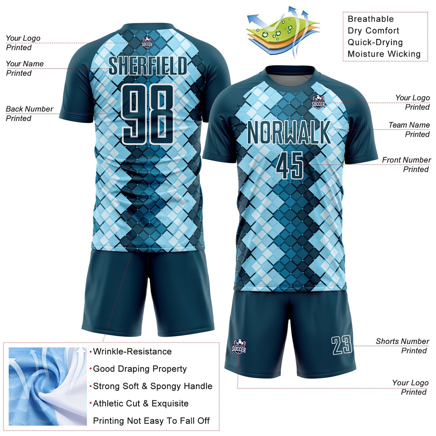 Custom US Navy Blue White Geometric Shapes Sublimation Soccer Uniform Jersey view 4