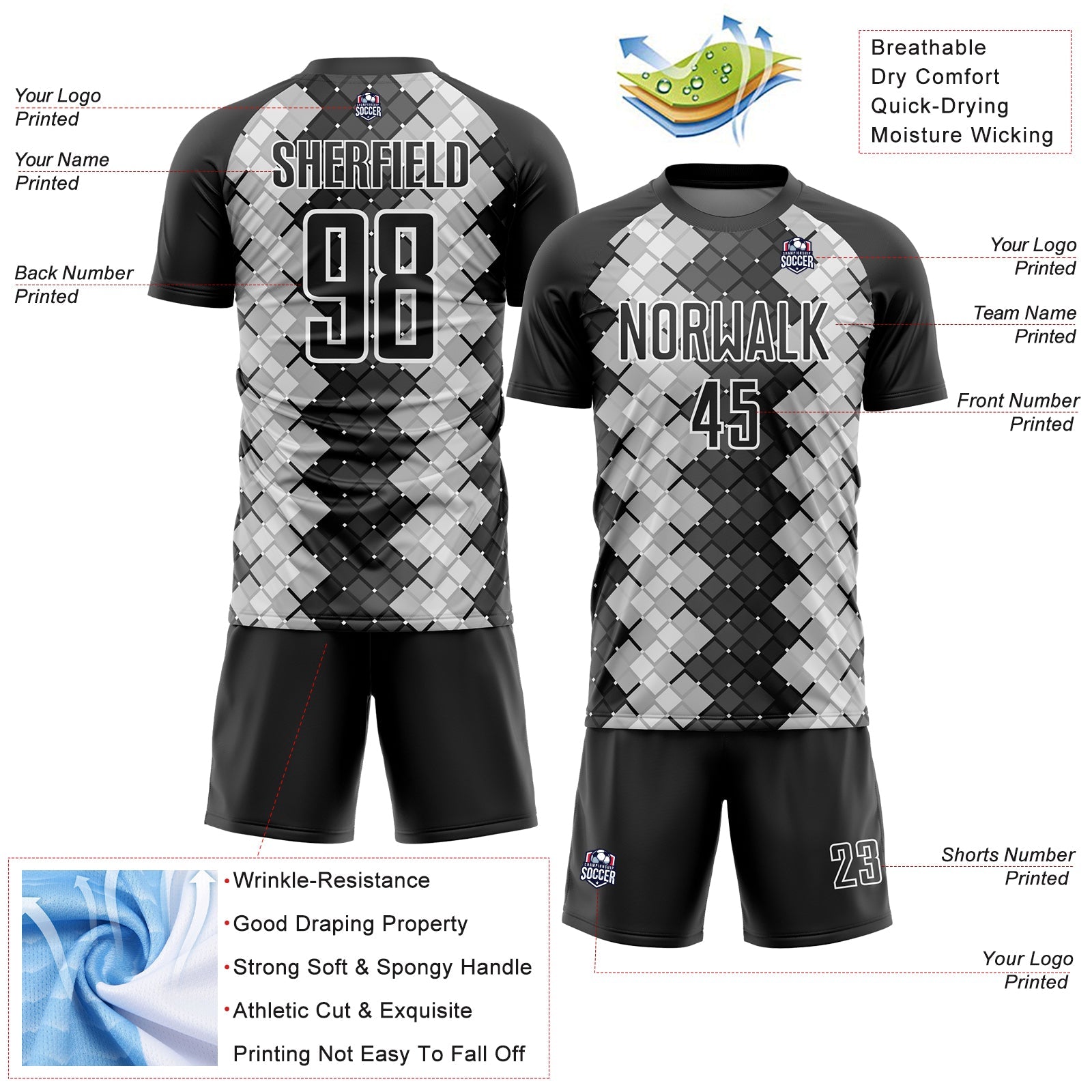 Custom Black White Geometric Shapes Sublimation Soccer Uniform Jersey view 4