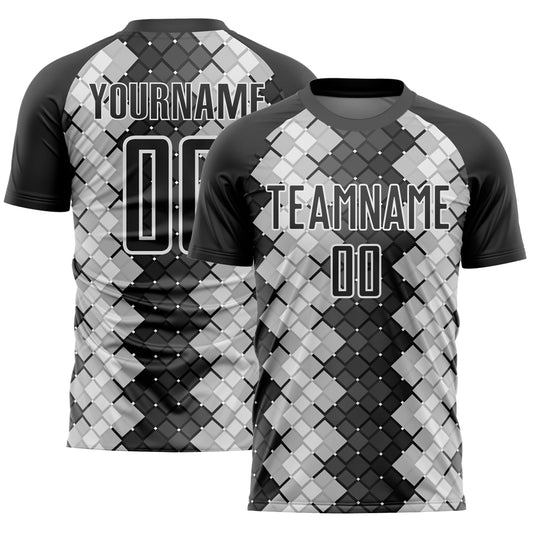 Custom Black White Geometric Shapes Sublimation Soccer Uniform Jersey - Main View