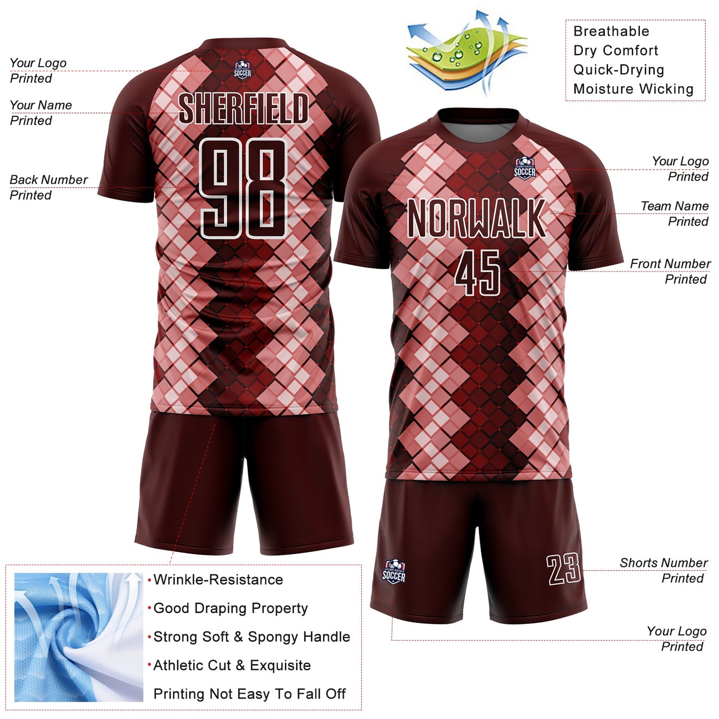 Custom Burgundy White Geometric Shapes Sublimation Soccer Uniform Jersey view 4