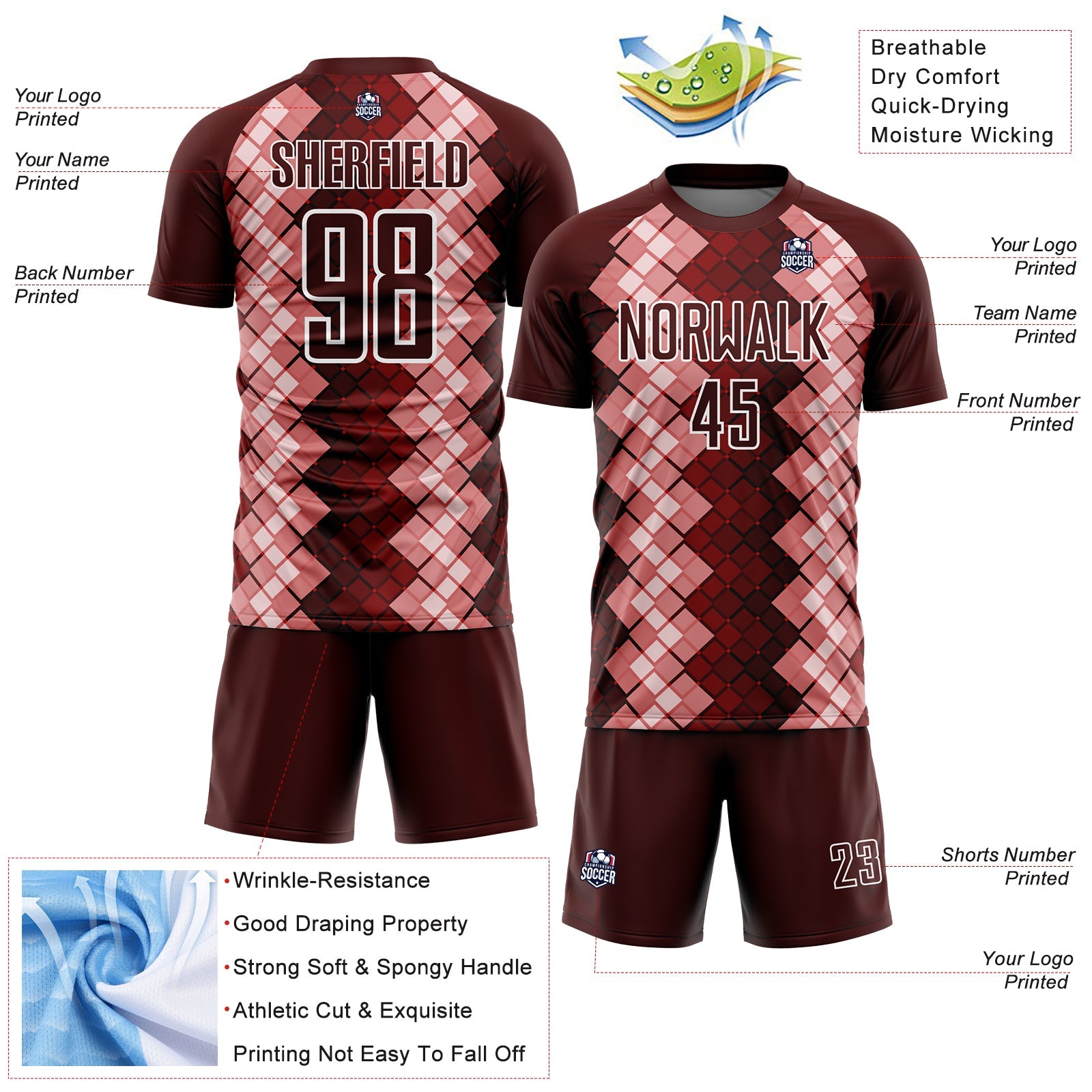 Custom Burgundy White Geometric Shapes Sublimation Soccer Uniform Jersey view 4