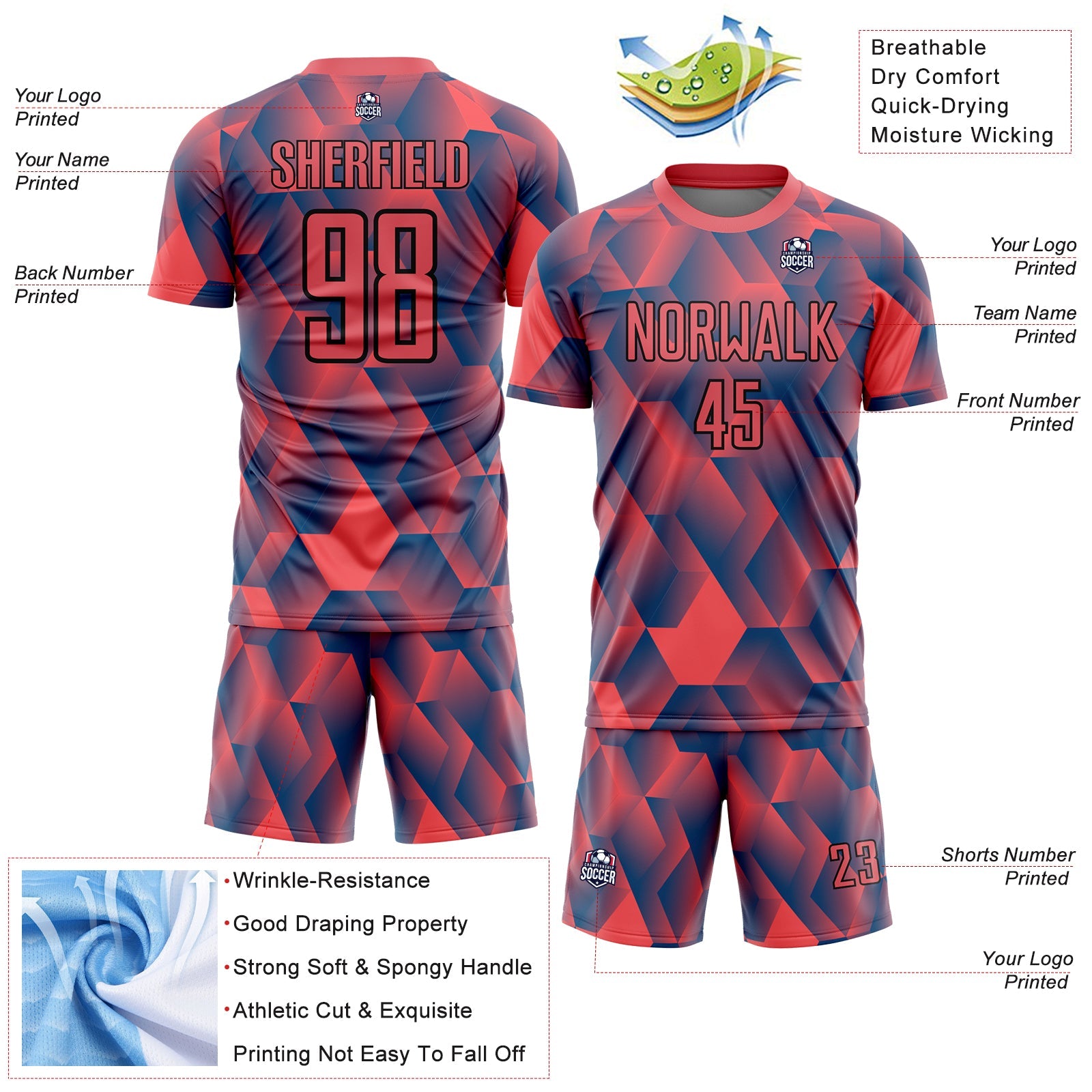 Custom Fire Red Black Geometric Shapes Sublimation Soccer Uniform Jersey view 4