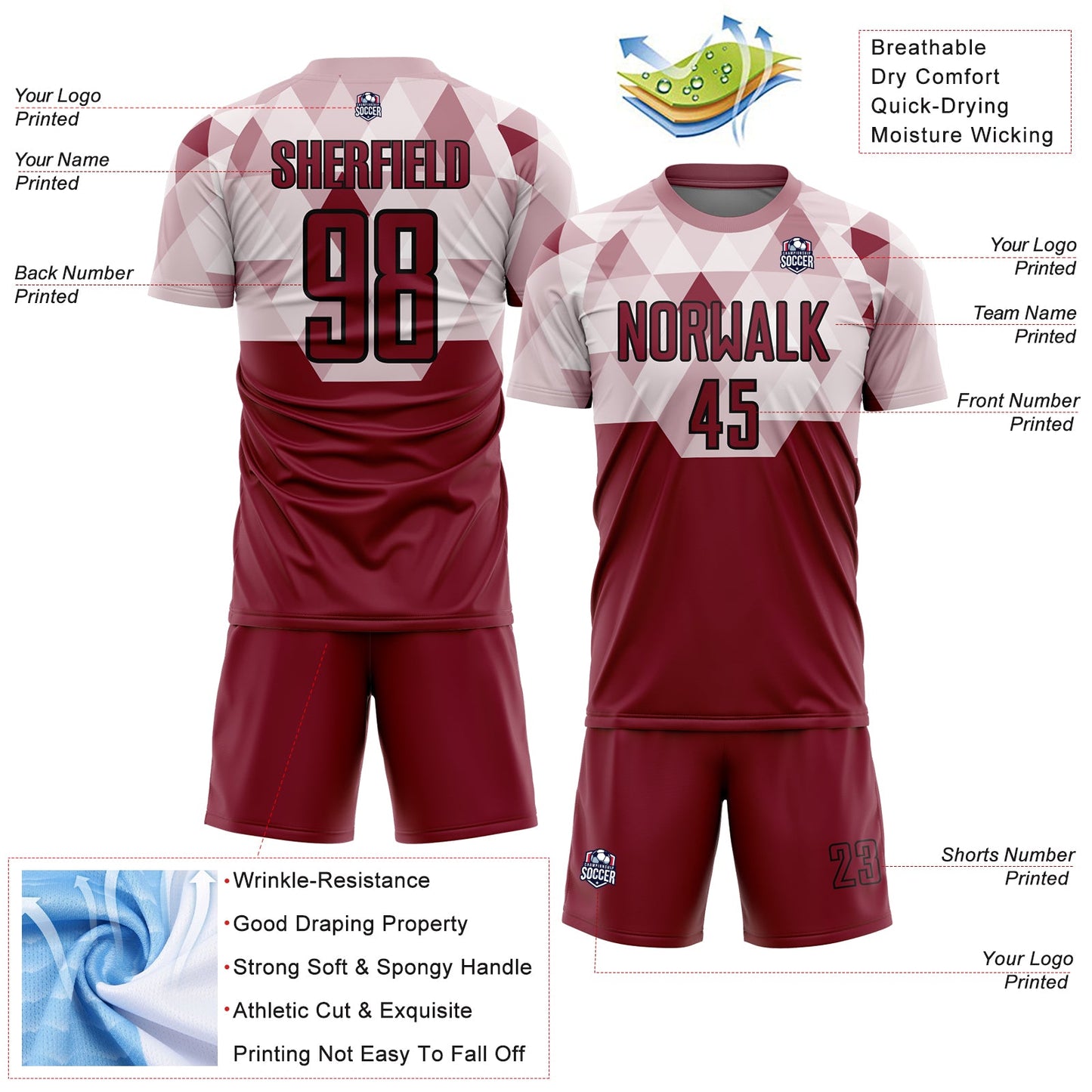 Custom Crimson Black Geometric Shapes Sublimation Soccer Uniform Jersey view 4