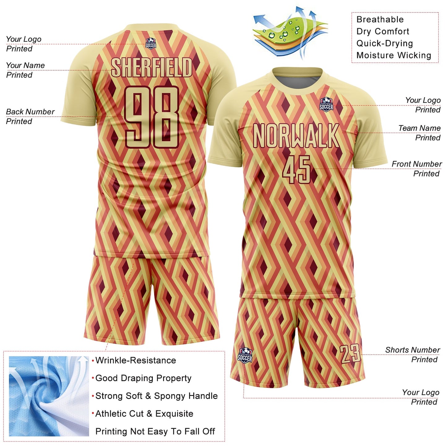 Custom Sand Crimson Geometric Shapes Sublimation Soccer Uniform Jersey view 4
