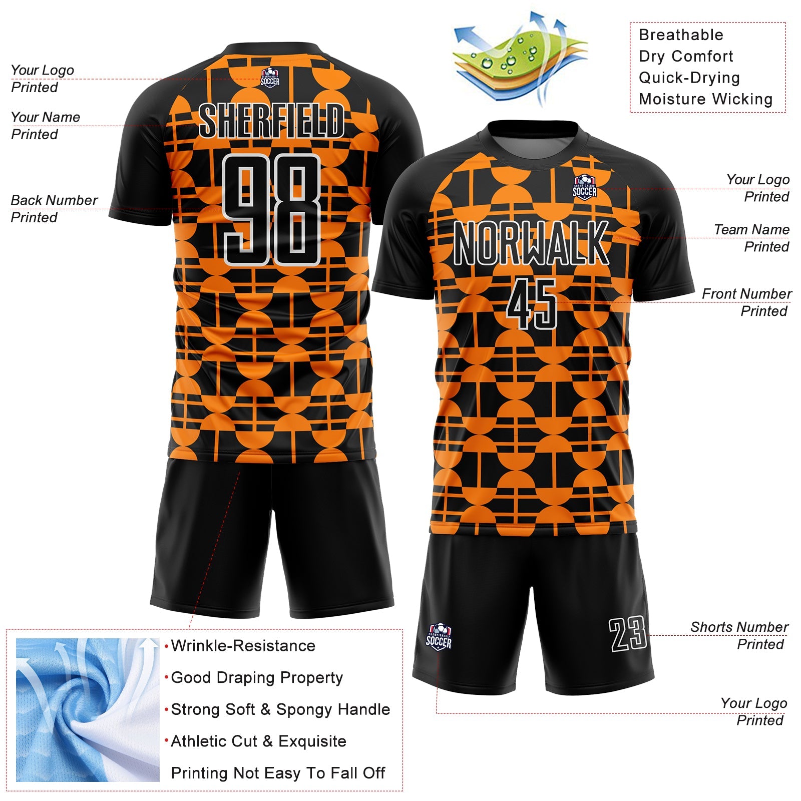 Custom Black Bay Orange-White Geometric Shapes Sublimation Soccer Uniform Jersey view 4