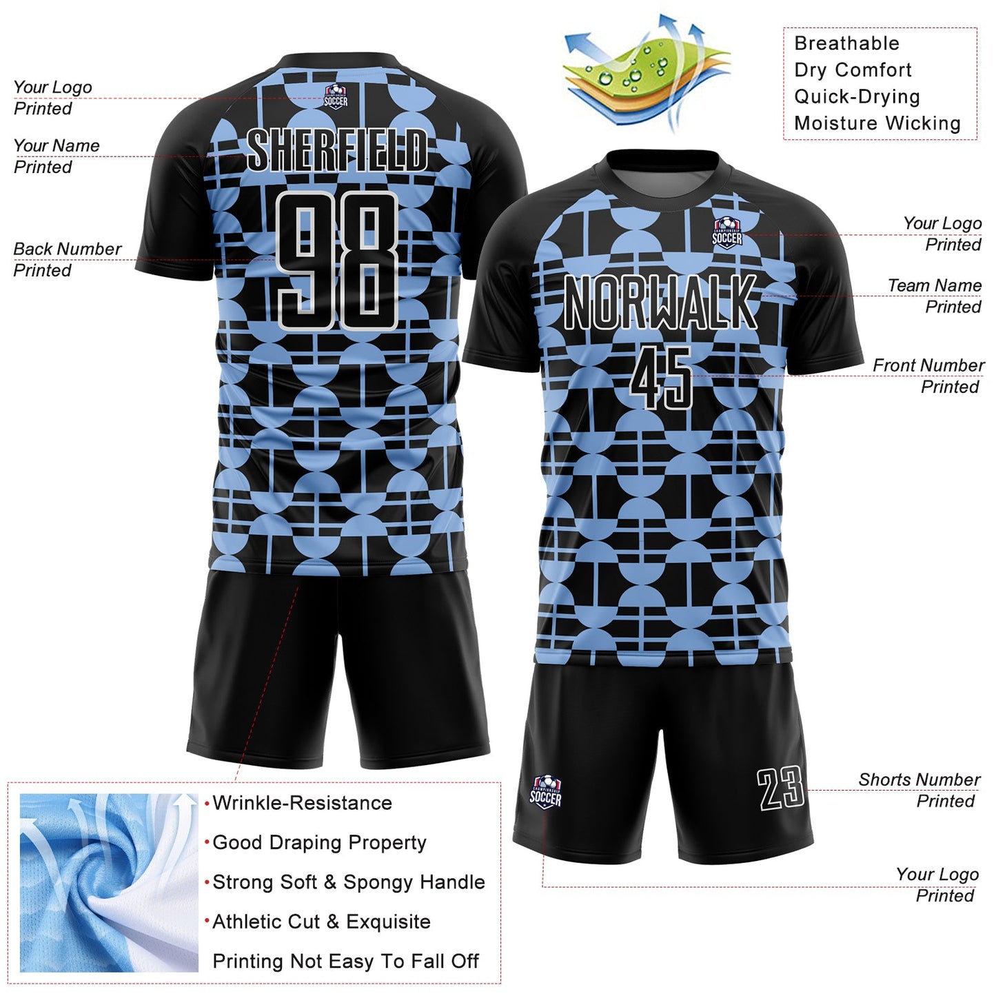 Custom Black Light Blue-White Geometric Shapes Sublimation Soccer Uniform Jersey view 4