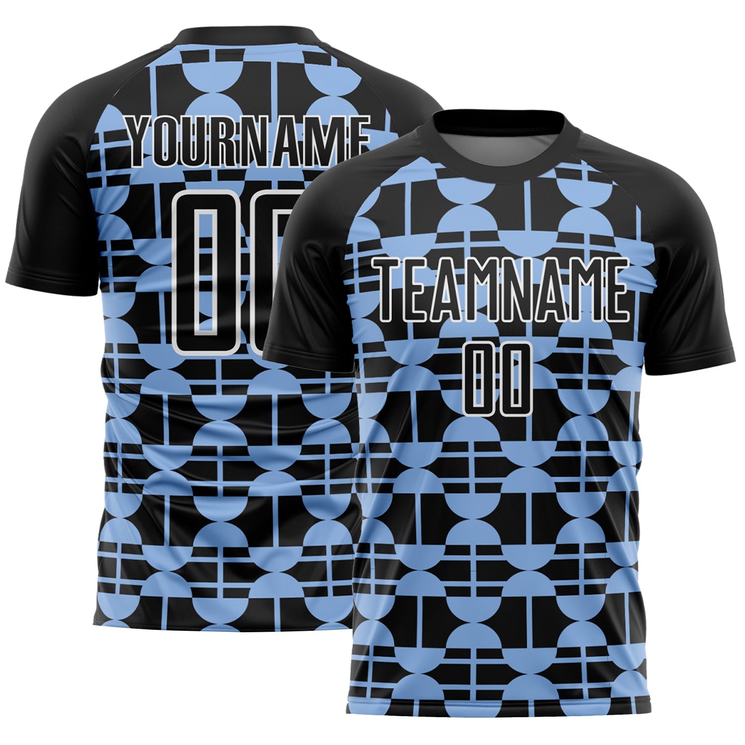Custom Black Light Blue-White Geometric Shapes Sublimation Soccer Uniform Jersey - Main View
