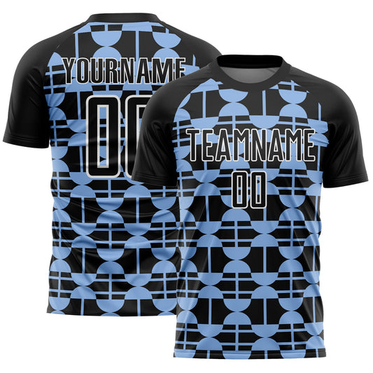 Custom Black Light Blue-White Geometric Shapes Sublimation Soccer Uniform Jersey - Main View