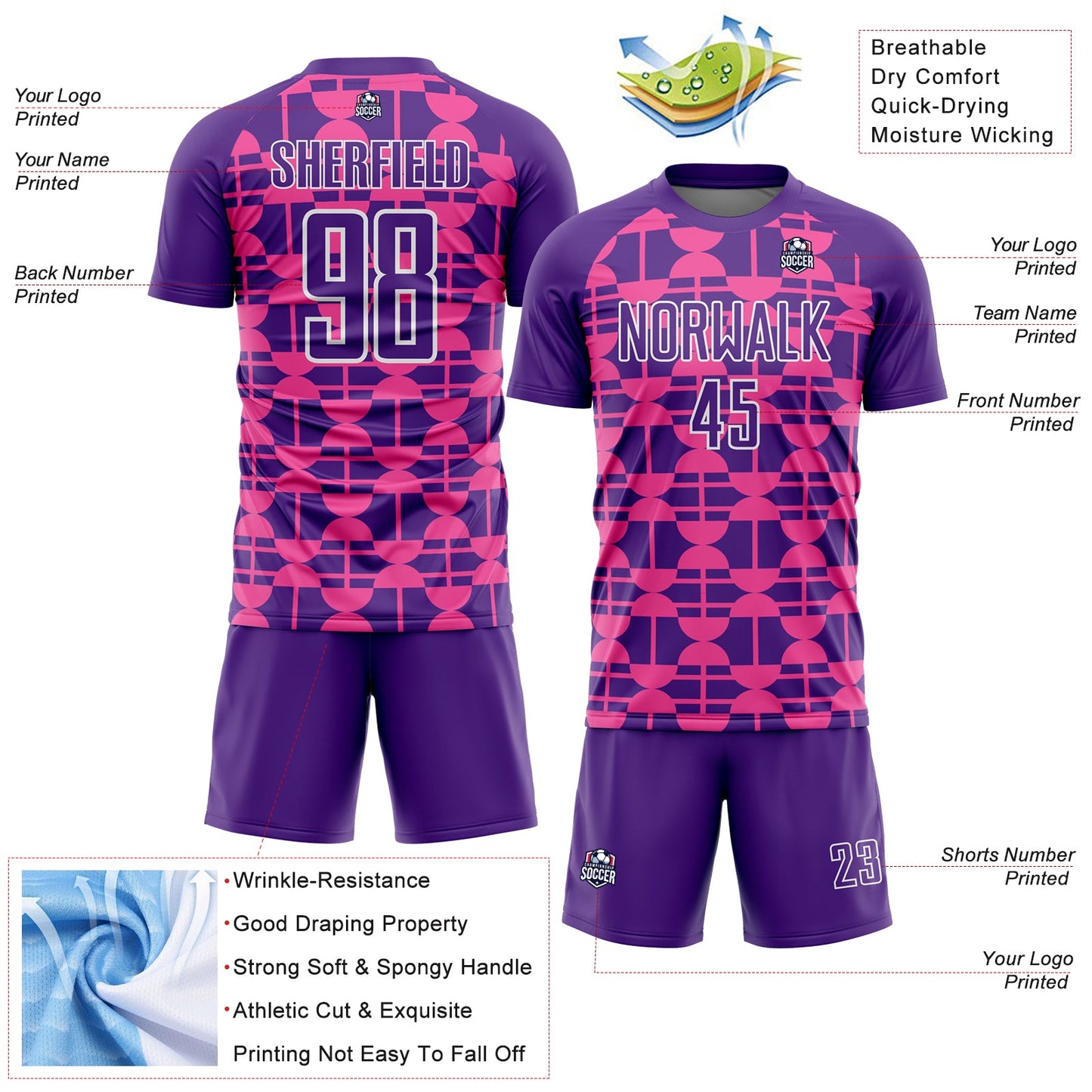 Custom Purple Pink-White Geometric Shapes Sublimation Soccer Uniform Jersey view 4