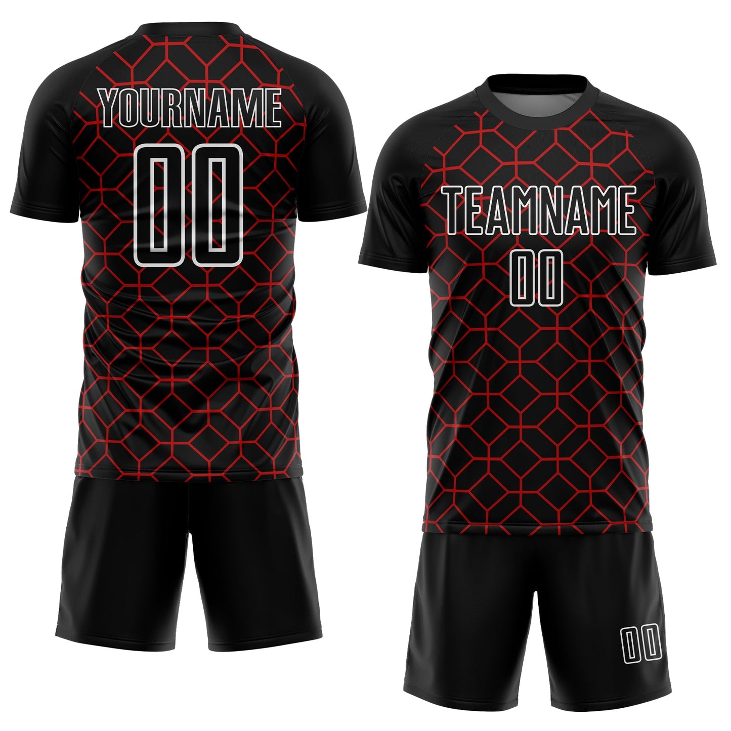 Custom Black Red-White Geometric Shapes Sublimation Soccer Uniform Jersey view 2