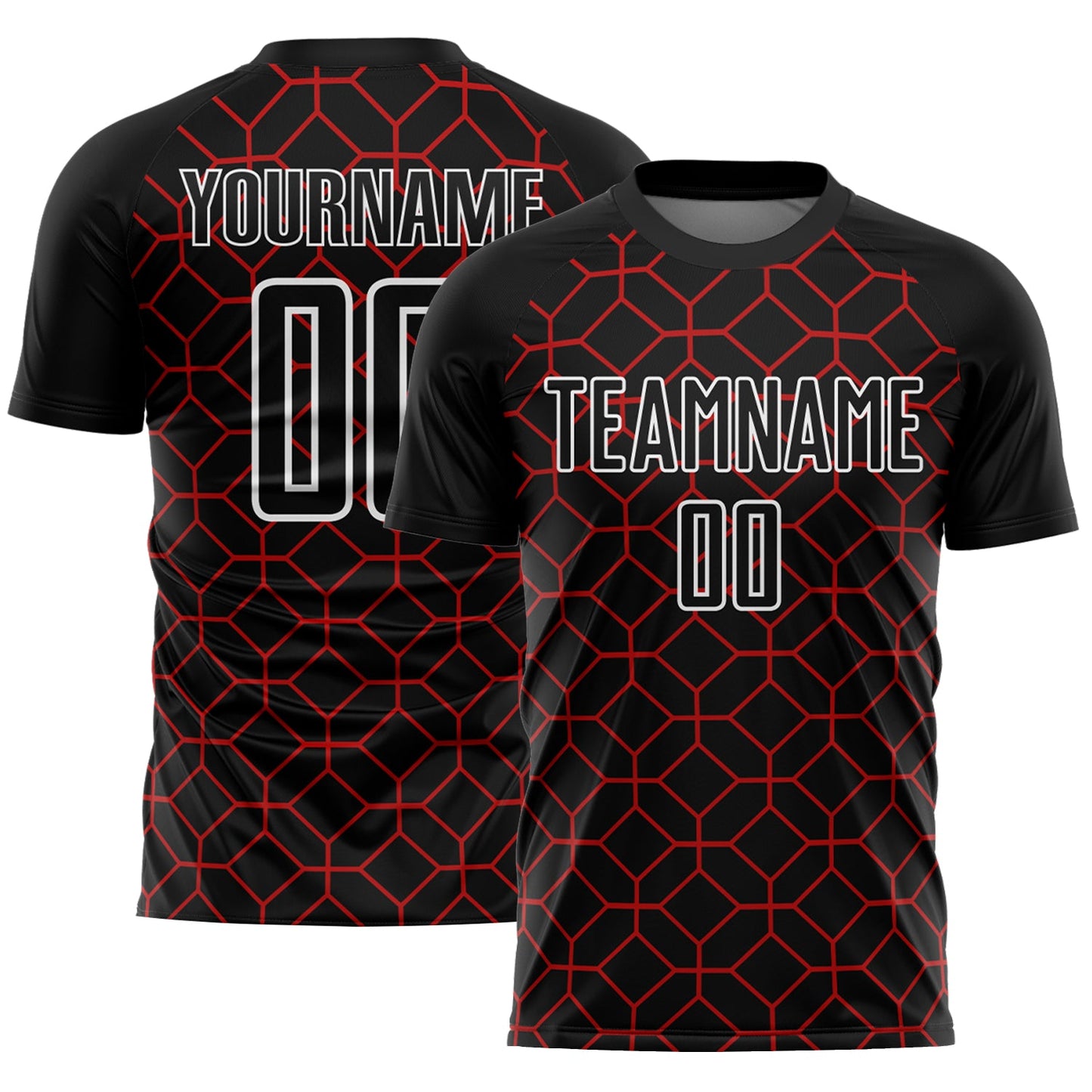 Custom Black Red-White Geometric Shapes Sublimation Soccer Uniform Jersey - Main View