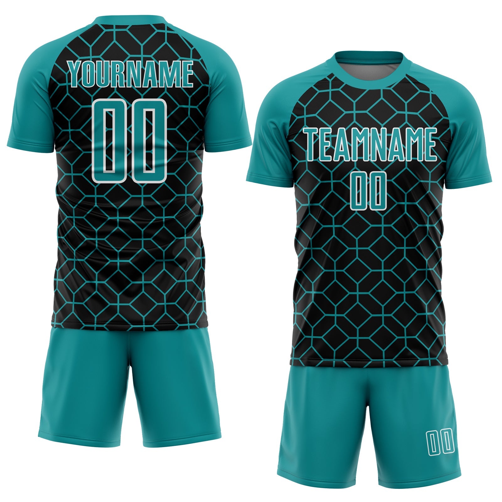 Custom Black Teal-White Geometric Shapes Sublimation Soccer Uniform Jersey view 2