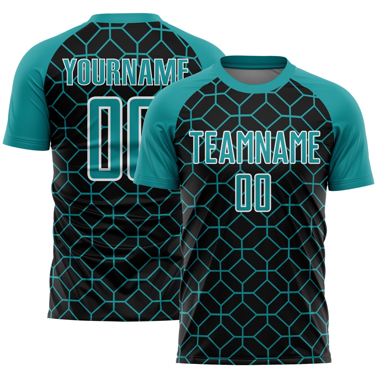 Custom Black Teal-White Geometric Shapes Sublimation Soccer Uniform Jersey - Main View