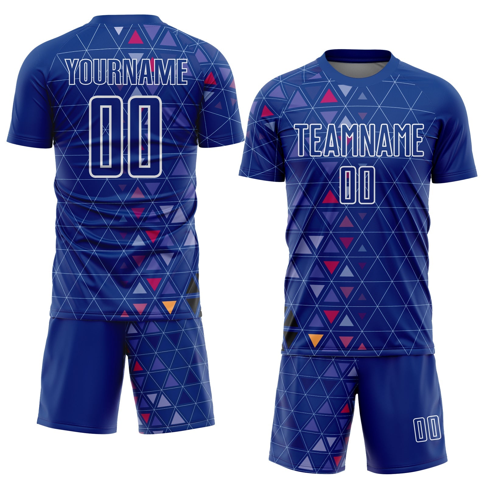 Custom Royal White Geometric Triangle Sublimation Soccer Uniform Jersey view 2
