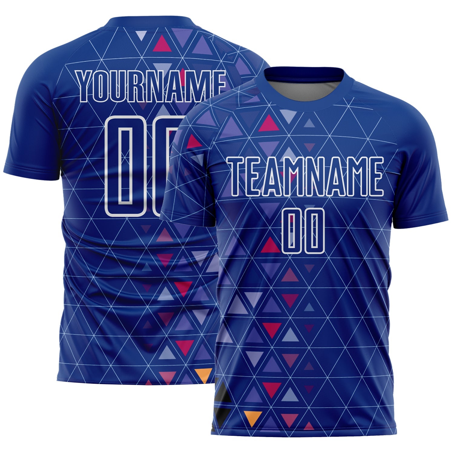 Custom Royal White Geometric Triangle Sublimation Soccer Uniform Jersey - Main View