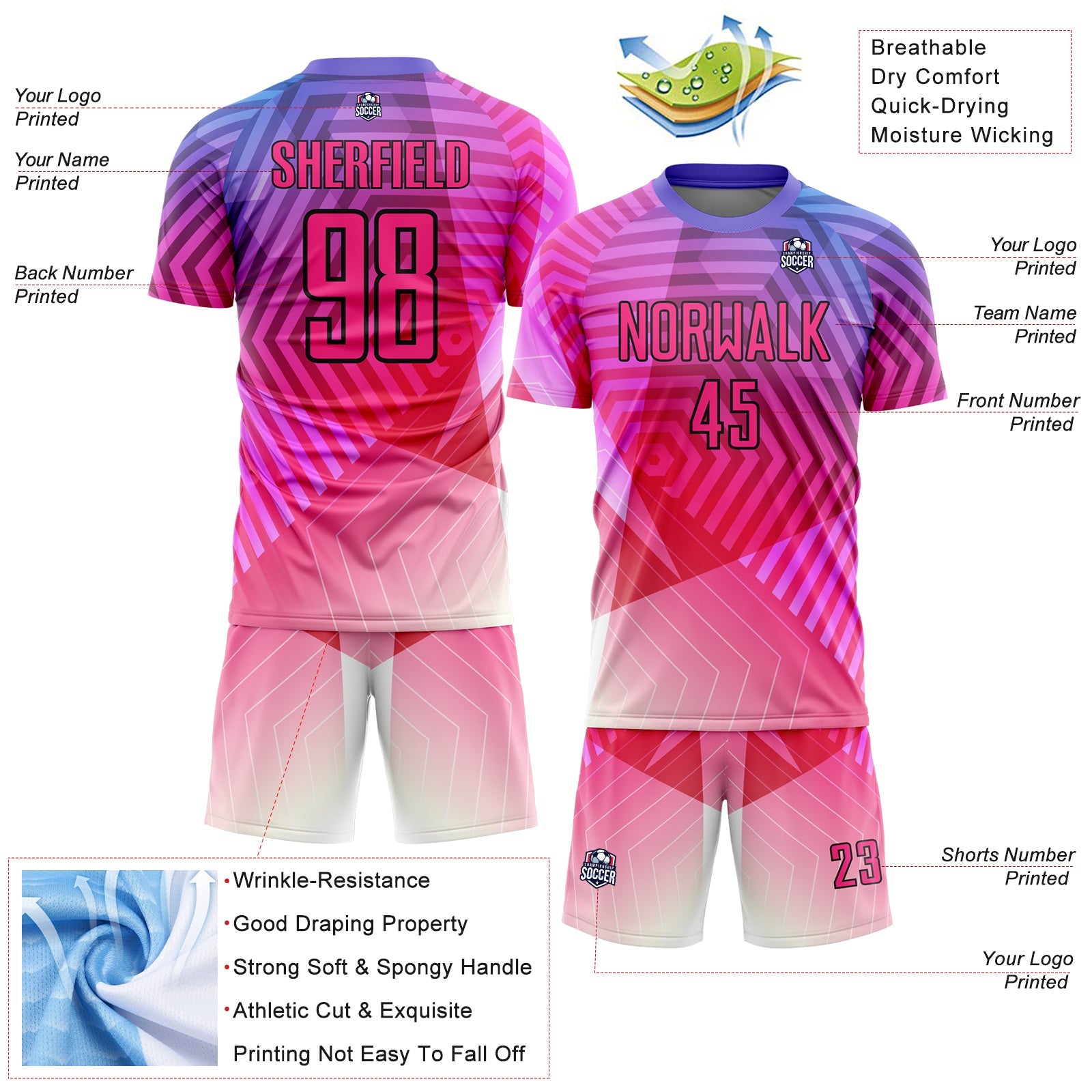 Custom Purple Pink-Black Geometric Shapes Sublimation Soccer Uniform Jersey view 4