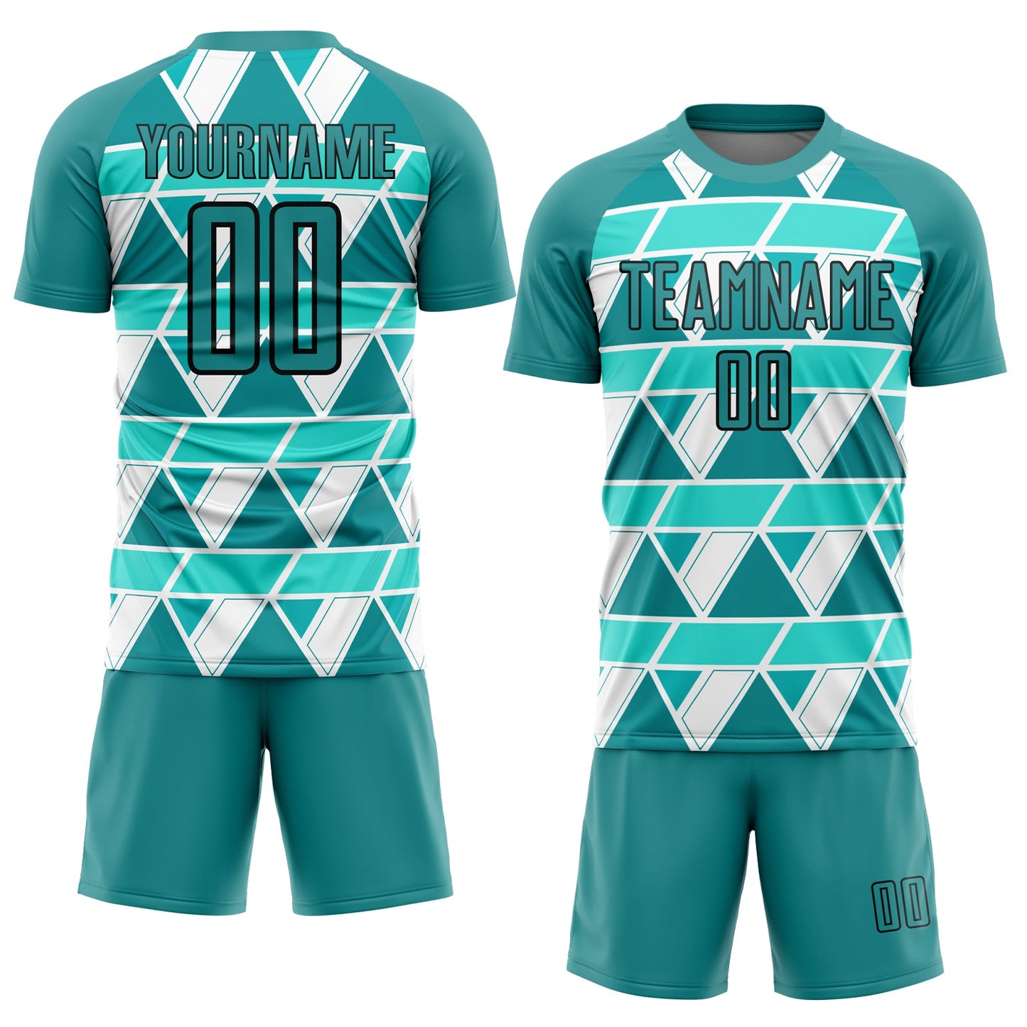 Custom Teal White-Black Geometric Shapes Sublimation Soccer Uniform Jersey view 2