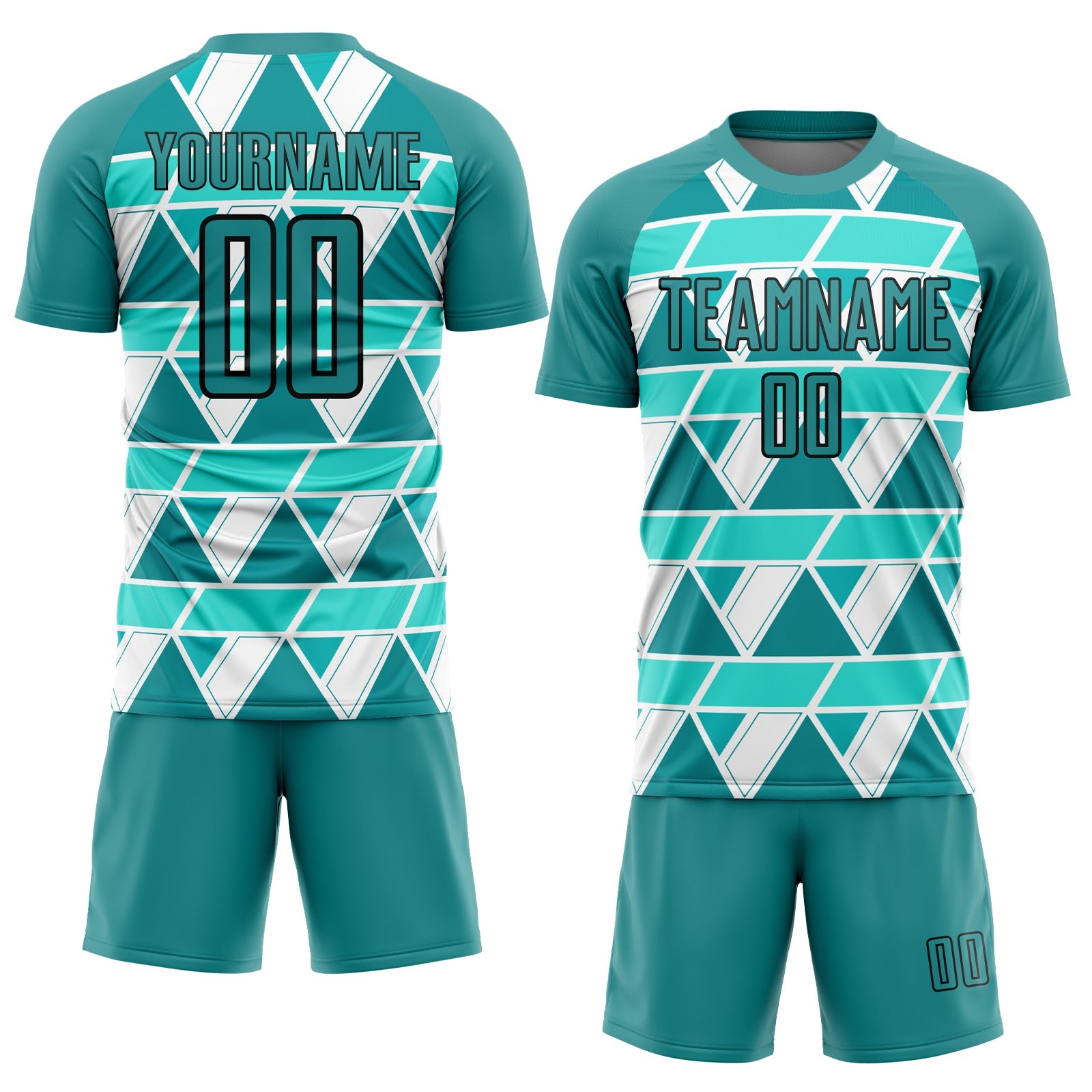 Custom Teal White-Black Geometric Shapes Sublimation Soccer Uniform Jersey view 2