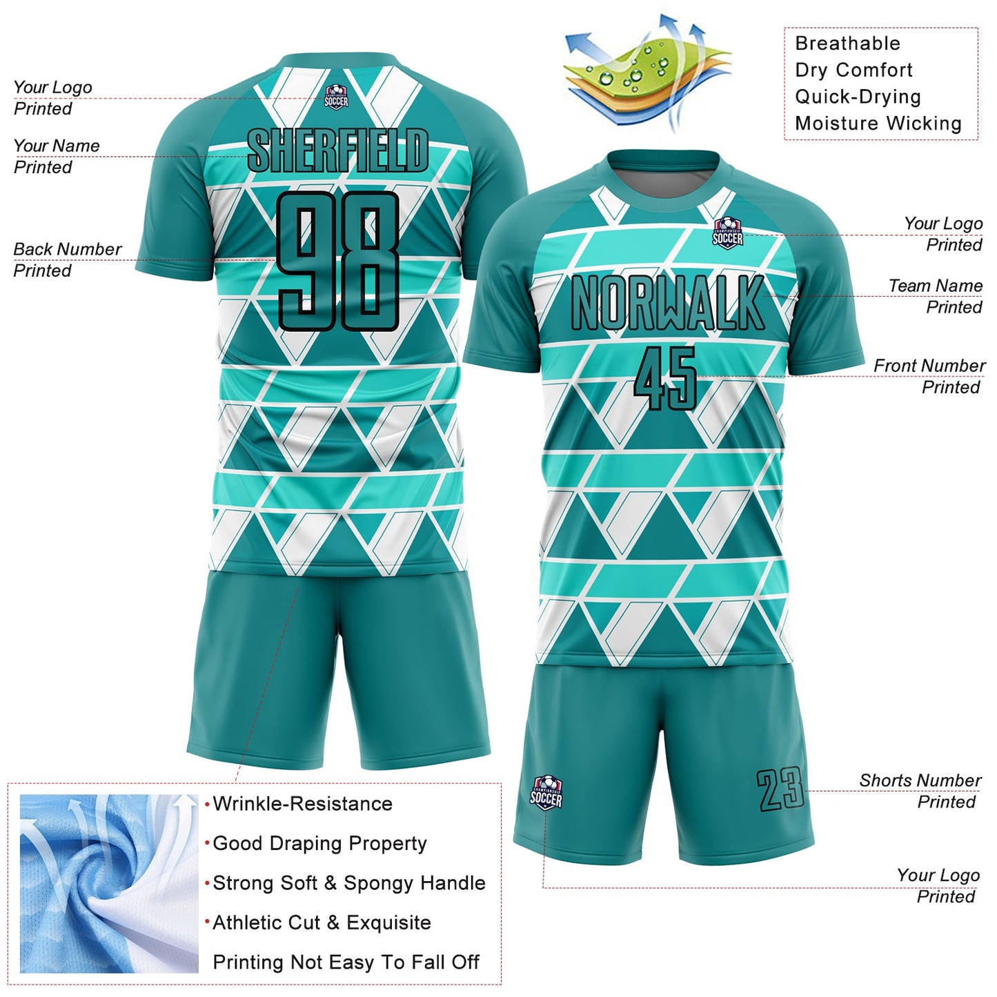 Custom Teal White-Black Geometric Shapes Sublimation Soccer Uniform Jersey view 4