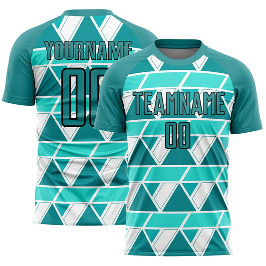 Custom Teal White-Black Geometric Shapes Sublimation Soccer Uniform Jersey - Main View